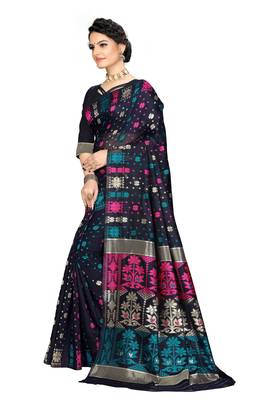 Pure Cotton Dhakai Jamdani Saree  With BlouseNavy   2