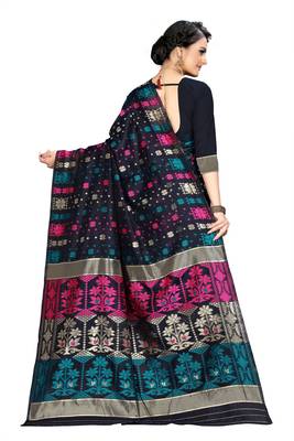 Pure Cotton Dhakai Jamdani Saree  With BlouseNavy   4