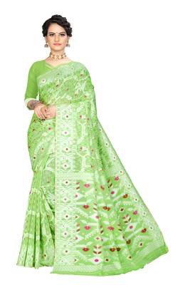 Pure Cotton Dhakai Jamdani Saree  With Blouse(Parrot) 1