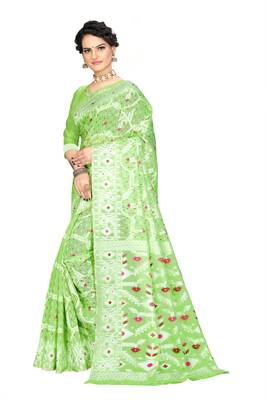 Pure Cotton Dhakai Jamdani Saree  With Blouse(Parrot) 2