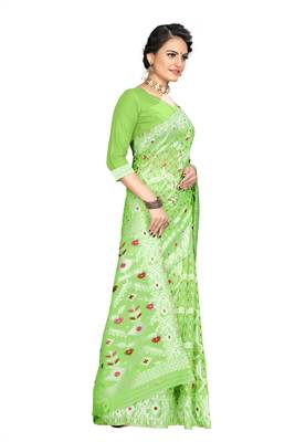 Pure Cotton Dhakai Jamdani Saree  With Blouse(Parrot) 3