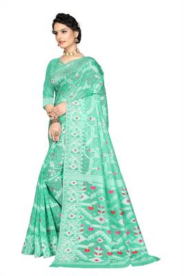 Pure Cotton Dhakai Jamdani Saree  With Blouse(Turquoise) 2