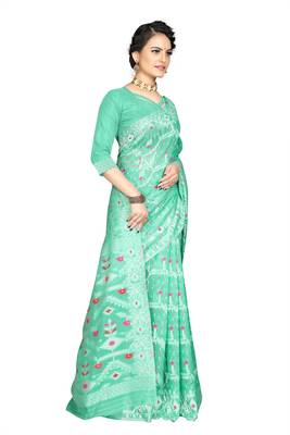 Pure Cotton Dhakai Jamdani Saree  With Blouse(Turquoise) 3
