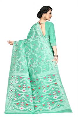 Pure Cotton Dhakai Jamdani Saree  With Blouse(Turquoise) 4