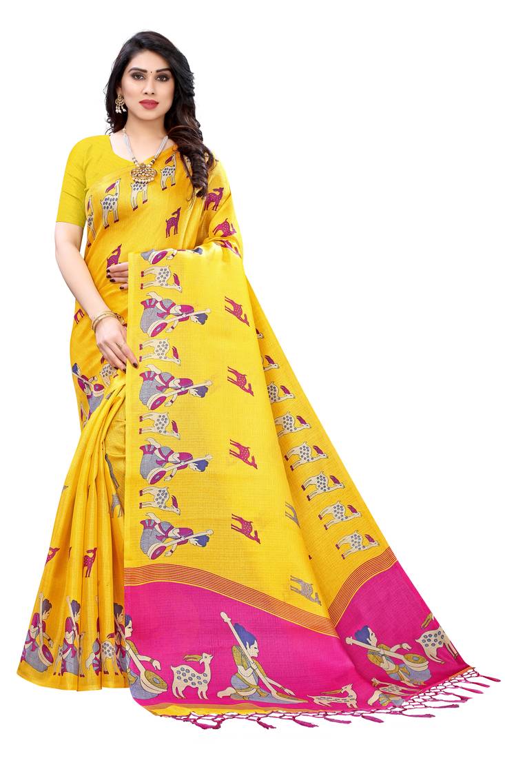 CLASSICATE from the house of The Chennai Silks Yellow Printed Soft Litchi Saree With Running Blouse