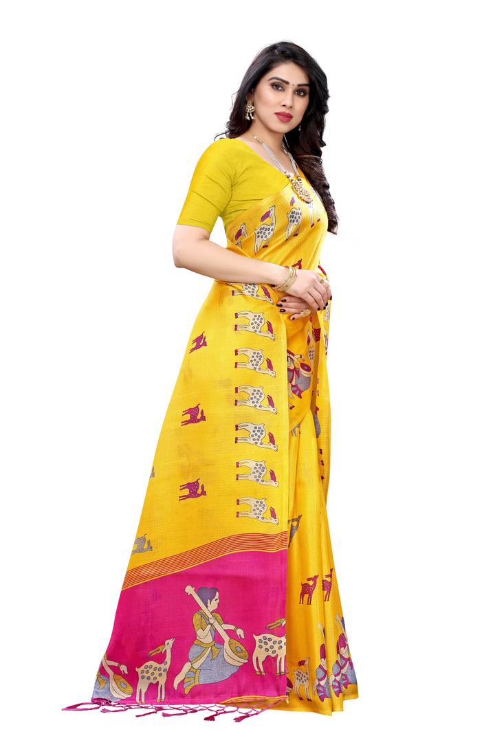 CLASSICATE from the house of The Chennai Silks Yellow Printed Soft Litchi Saree With Running Blouse