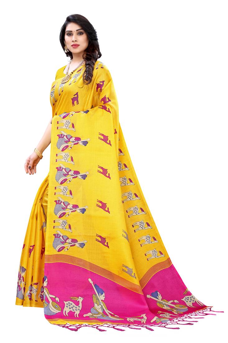 CLASSICATE from the house of The Chennai Silks Yellow Printed Soft Litchi Saree With Running Blouse