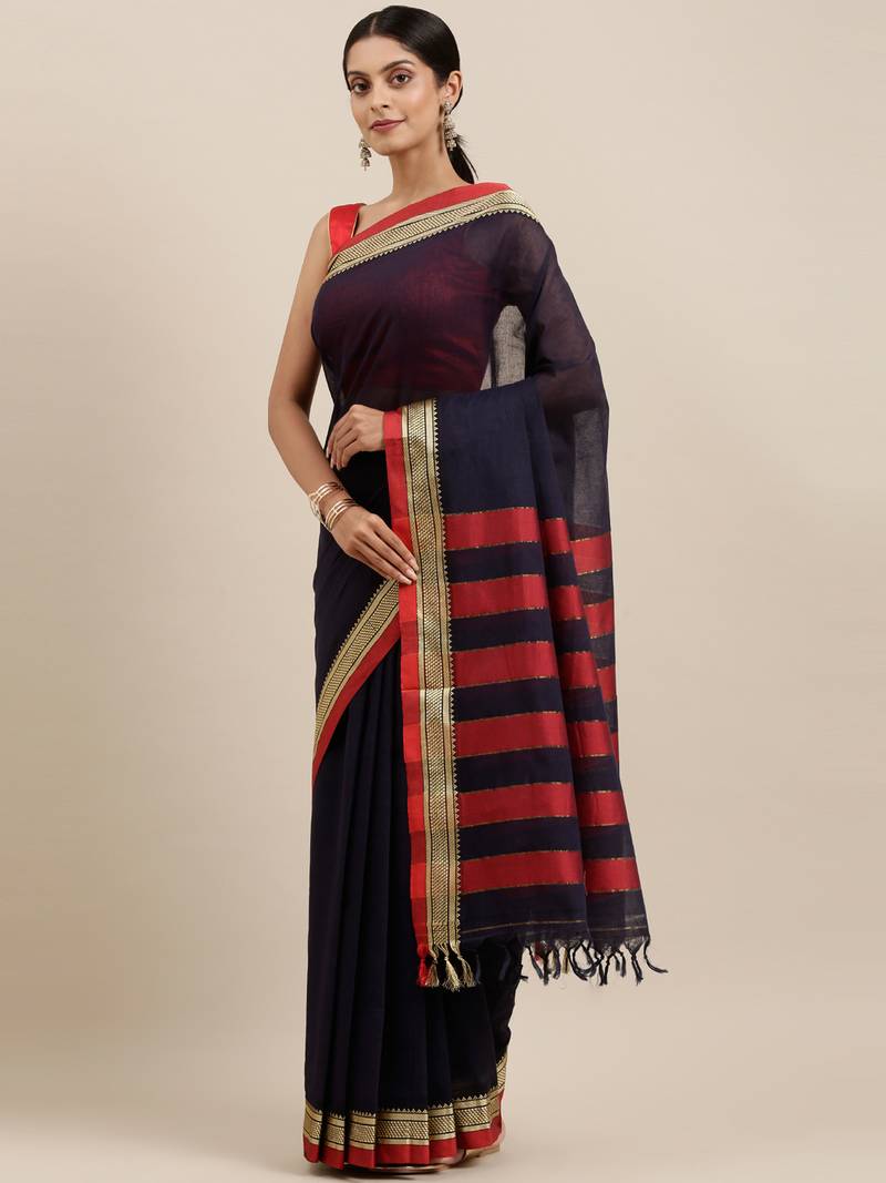 CLASSICATE from the house of The Chennai Silks Navy Blue Handloom South Cotton Saree With Running Blouse