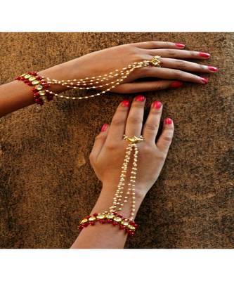 Kundan Worked Hand Harness Stone Studded With Pearl Ring 1