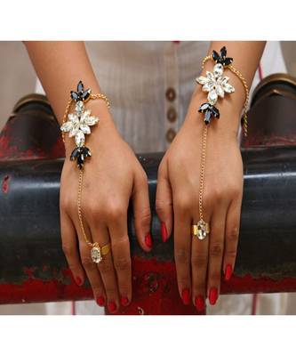 Transparent And Black Coloured Stone Studded Adjustable Slave Ring Bracelets Pair 1