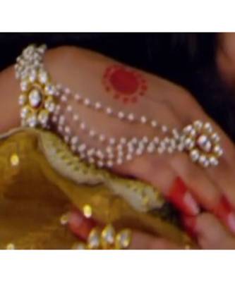 Kundan Worked Pearl Stranded Designer Ring Bracelet With Meena Work At Back And Adjustable Ring 1