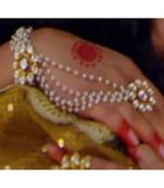Kundan Worked Pearl Stranded Designer Ring Bracelet With Meena Work At Back And Adjustable Ring