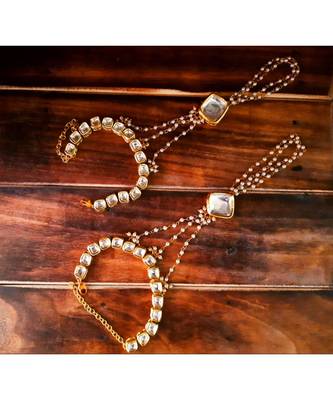 Kundan Embellished With Pearl Chains Designer Hand-Bracelet With Meena Work Backside 1