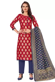 Red Jacquard Woven Design Straight Suit Set