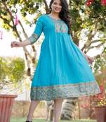 Aqua-blue printed rayon ethnic-kurtis