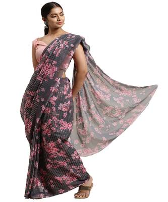 Grey embroidered georgette saree with blouse 1