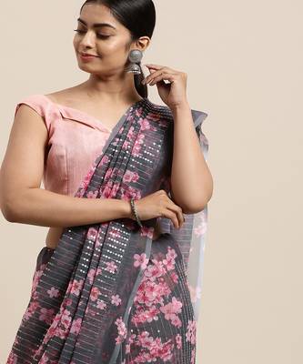 Grey embroidered georgette saree with blouse 2