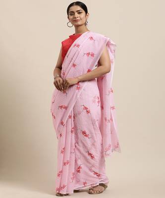 Pink embroidered georgette saree with blouse 1