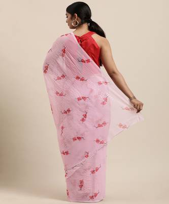 Pink embroidered georgette saree with blouse 3