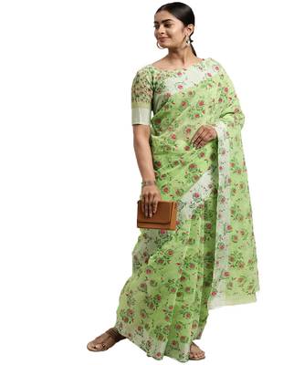 Light green printed cotton saree with blouse 1