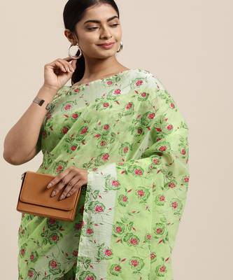 Light green printed cotton saree with blouse 2