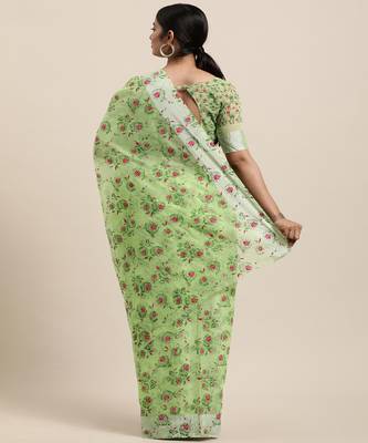 Light green printed cotton saree with blouse 3