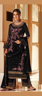 Black Faux Georgette Shtraight Cut plazzo Style suit with embroidery Work 1