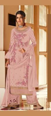 Cream Faux Georgette Shtraight Cut plazzo Style suit with embroidery Work 1