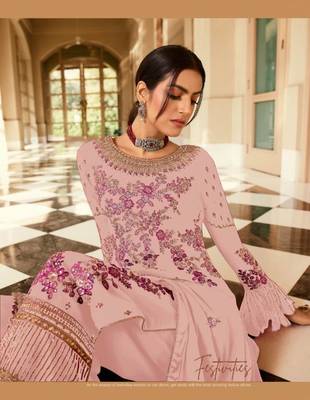 Cream Faux Georgette Shtraight Cut plazzo Style suit with embroidery Work 2