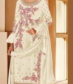 White Faux Georgette Shtraight Cut plazzo Style suit with embroidery Work
