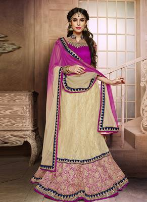 Beige embroidered net semi stitched lehenga 5