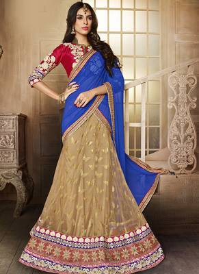 Beige embroidered net semi stitched lehenga 5