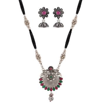 Ethnic Traditional Oxidised Design Long Mangalsutra Necklace with Matching Earring for Women  1