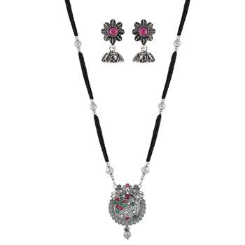 Ethnic Traditional Oxidised Design Long Mangalsutra Necklace with Matching Earring Set for Women  1