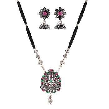 Ethnic Traditional Oxidised Design Long Mangalsutra Necklace with Matching Earring Set for Women  1