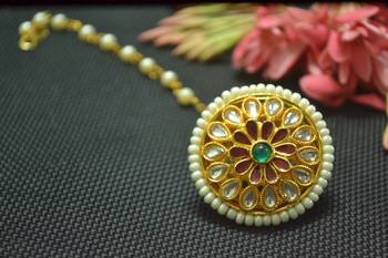 Indian Ethnic Meenakari Work maang tikka Kundan Borla with pearl Chain Head Jewellery 1