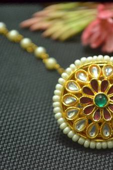 Indian Ethnic Meenakari Work maang tikka Kundan Borla with pearl Chain Head Jewellery