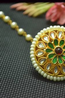 Indian Ethnic Meenakari Work maang tikka Kundan Borla with pearl Chain Head Jewellery