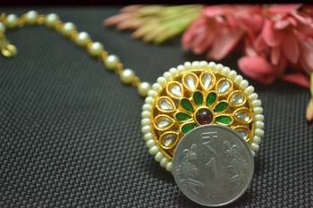 Indian Ethnic Meenakari Work maang tikka Kundan Borla with pearl Chain Head Jewellery 3