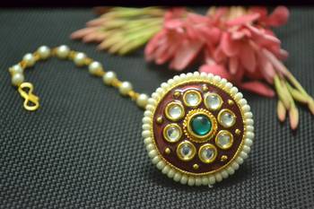Indian Ethnic Meenakari Work maang tikka Kundan Borla with pearl Chain Head Jewellery 1