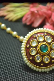 Indian Ethnic Meenakari Work maang tikka Kundan Borla with pearl Chain Head Jewellery
