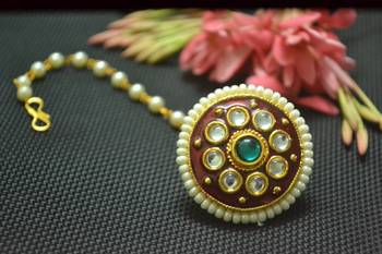 Indian Ethnic Meenakari Work maang tikka Kundan Borla with pearl Chain Head Jewellery 2