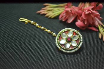 Indian Ethnic Meenakari Work maang tikka Kundan Borla with pearl Chain Head Jewellery 1