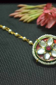 Indian Ethnic Meenakari Work maang tikka Kundan Borla with pearl Chain Head Jewellery