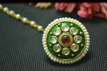 Indian Ethnic Meenakari Work maang tikka Kundan Borla with pearl Chain Head Jewellery 1