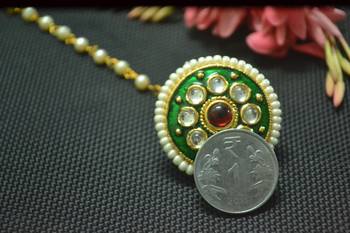 Indian Ethnic Meenakari Work maang tikka Kundan Borla with pearl Chain Head Jewellery 2