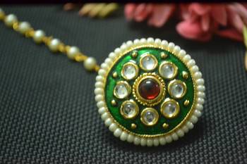 Indian Ethnic Meenakari Work maang tikka Kundan Borla with pearl Chain Head Jewellery 4