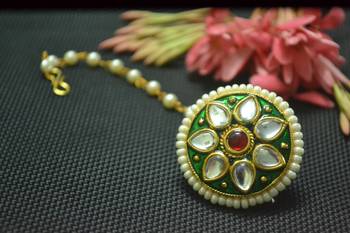 Indian Ethnic Meenakari Work maang tikka Kundan Borla with pearl Chain Head Jewellery 1