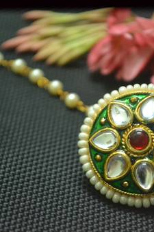 Indian Ethnic Meenakari Work maang tikka Kundan Borla with pearl Chain Head Jewellery
