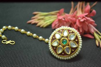 Indian Ethnic Meenakari Work maang tikka Kundan Borla with pearl Chain Head Jewellery 1